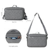 A gray portable diaper bag with a zippered front pocket shown in various views.