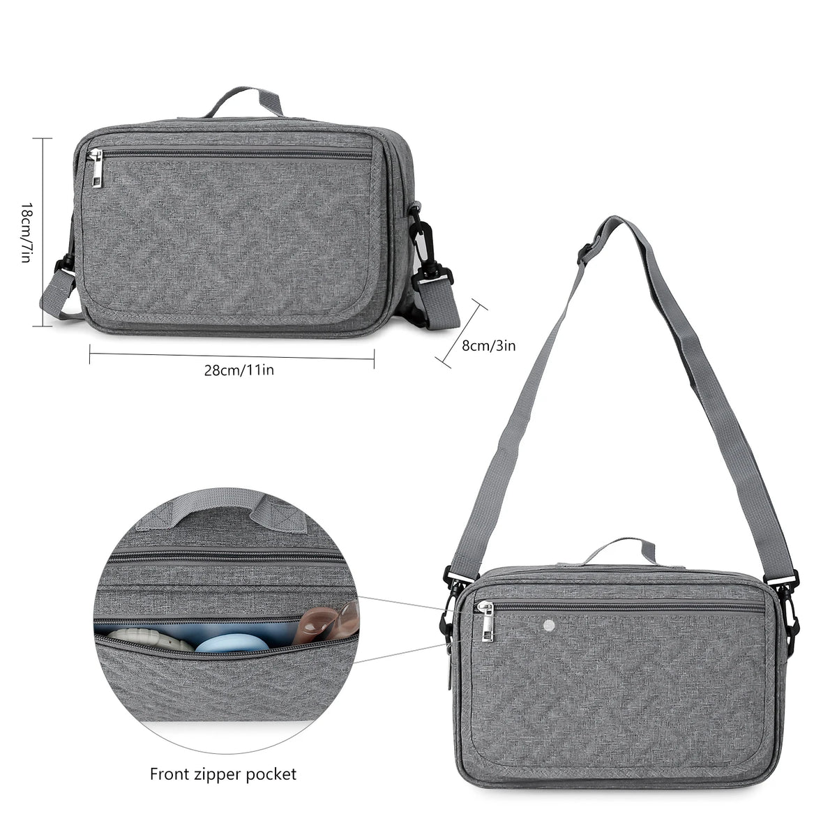 A gray portable diaper bag with a zippered front pocket shown in various views.