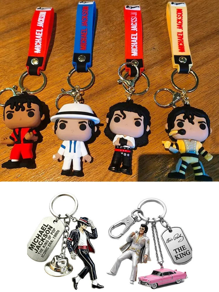 Keychain featuring a figure of Michael Jackson in various outfits and a pink car.