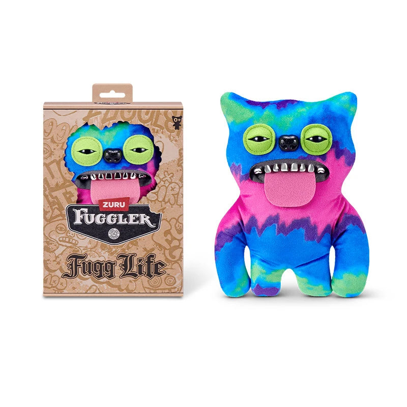 A purple and blue plush toy monster with large eyes and a pink tongue is shown next to its packaging.