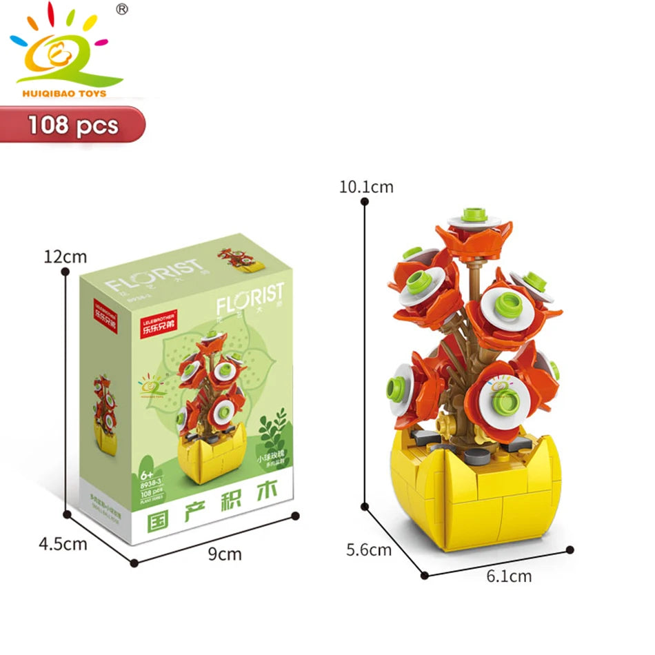 A set of 108 flower succulent building blocks in various orange and green colors for desktop plant decor.