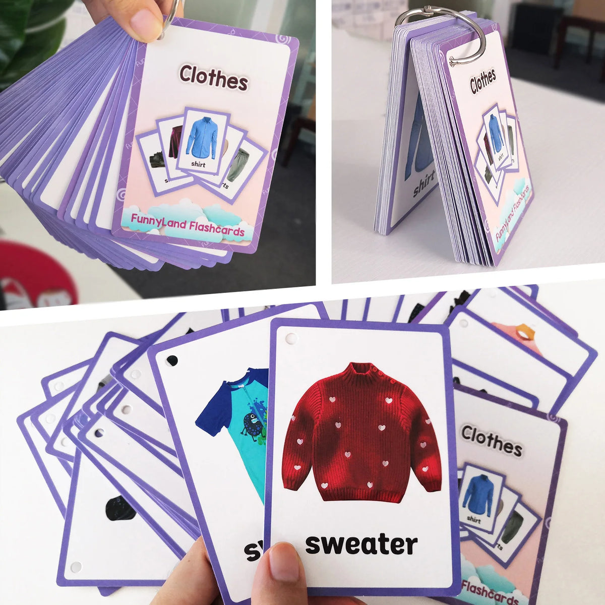 A hand holds a purple and white stack of English vocabulary flashcards featuring clothing items like shirts and sweaters.