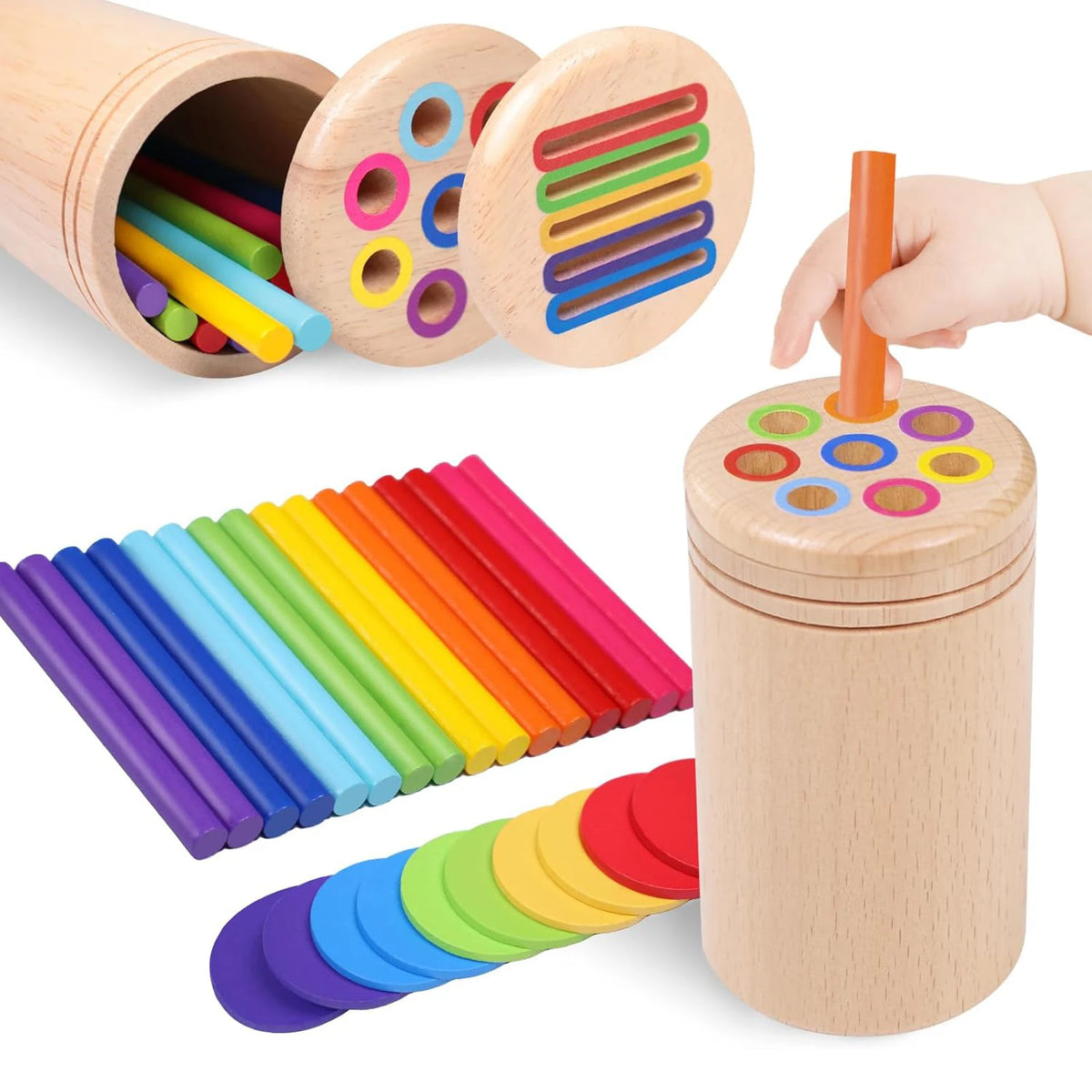 A wooden coin and color sorting toy set featuring colorful wooden rods and a storage container.