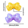 A pair of acrylic bow beads, one yellow and one purple, shown with dimensions.