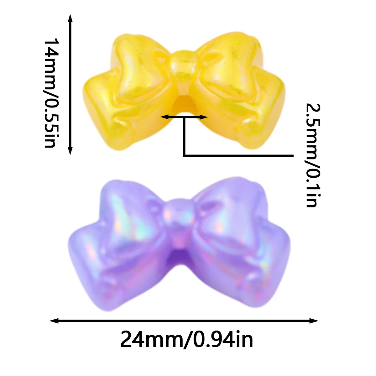 A pair of acrylic bow beads, one yellow and one purple, shown with dimensions.