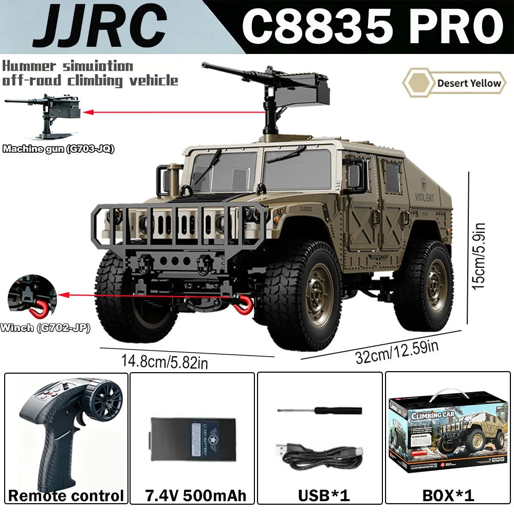 JJRC C8835 PRO off-road climbing vehicle with a machine gun accessory and remote control components