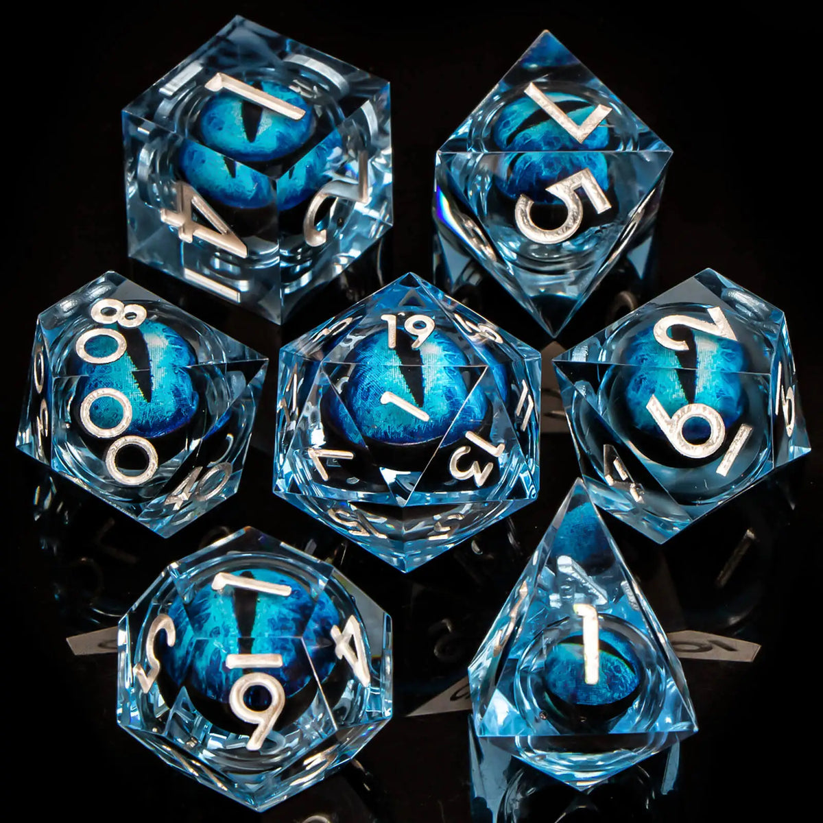 Dragon Eye Resin Dice Set with Liquid Core - 7 Polyhedral Dice for RPG Gaming