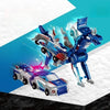 A blue and silver transforming dinosaur car set with magnetic connectors is shown on a white surface.