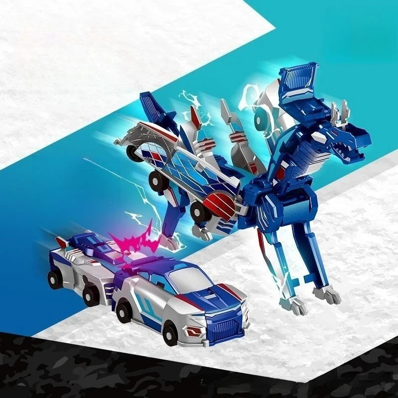A blue and silver transforming dinosaur car set with magnetic connectors is shown on a white surface.