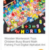 A colorful wooden Montessori busy board featuring letters, numbers, and fruit shapes for children's learning.