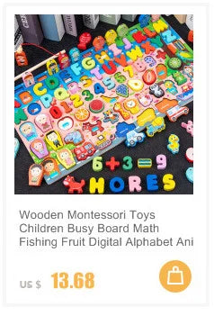 A colorful wooden Montessori busy board featuring letters, numbers, and fruit shapes for children's learning.