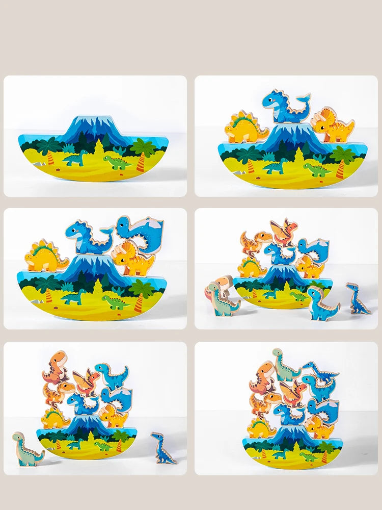 Set of wooden dinosaur stacking blocks showing various dinosaurs on a landscape background