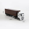 A 1:50 scale diecast truck featuring a brown container on a white Mercedes-Benz cab with pull-back action.