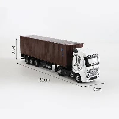 A 1:50 scale diecast truck featuring a brown container on a white Mercedes-Benz cab with pull-back action.