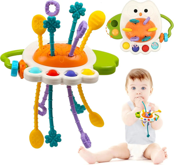 A silicone pull string teething rattle toy with multiple colors and attachments for babies.