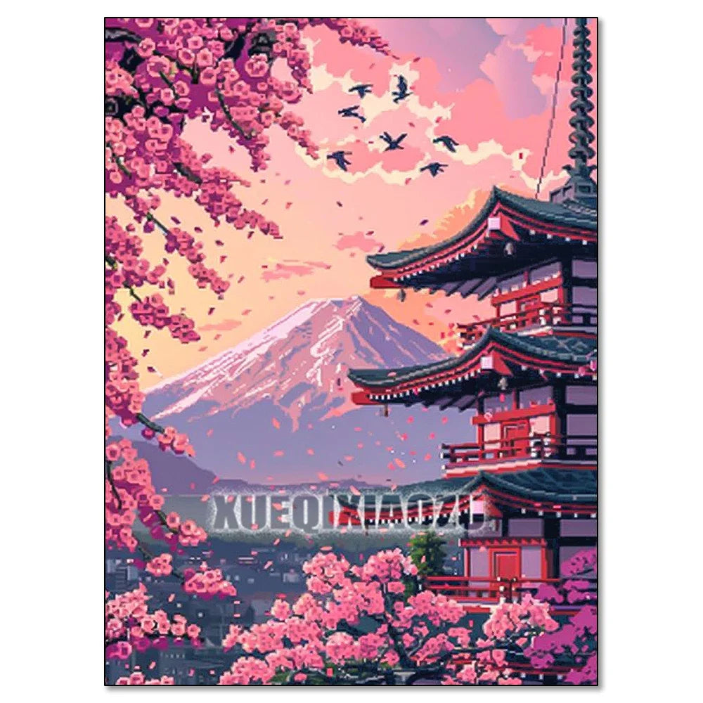 Cherry Blossom Tower Diamond Painting Kit – DIY 5D Wall Art for Adults