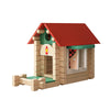A wooden log cabin building kit with a red roof and a window display.