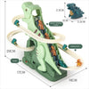 A green electric dinosaur race track toy featuring a climbing ladder, sliding track, and various dinosaur figures.
