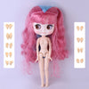 A pink Blyth fashion doll with long hair and a cute pouty face, shown with various hand accessories.