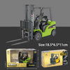 A green die-cast toy excavator construction vehicle shown in various packaging and assembled form.