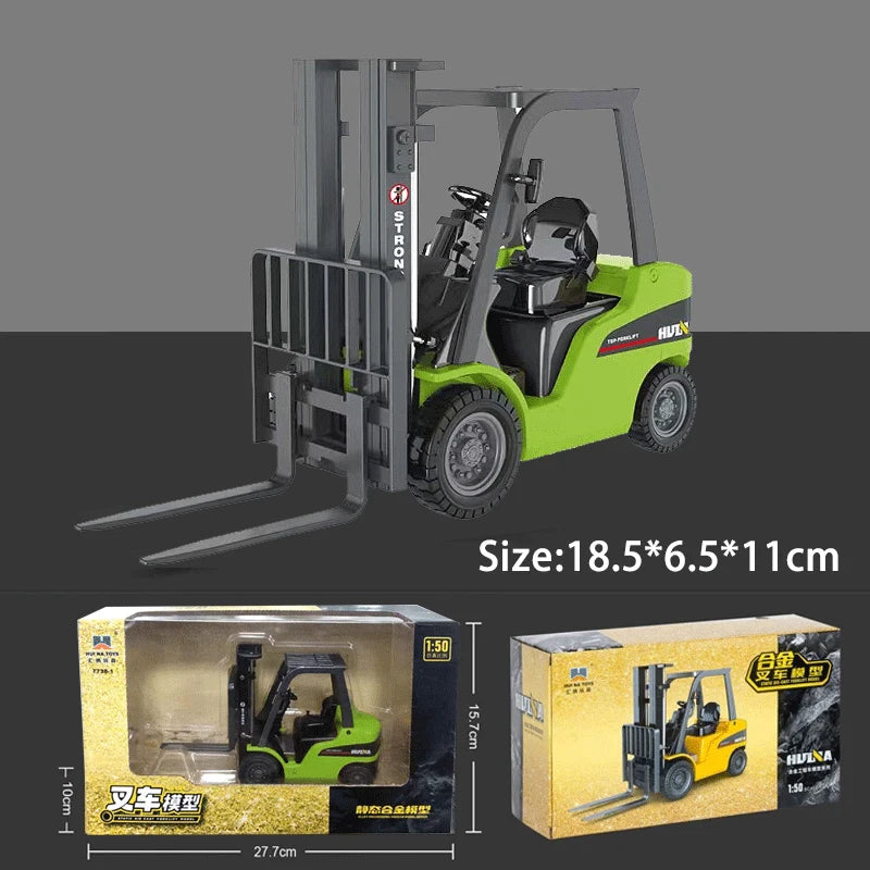 A green die-cast toy excavator construction vehicle shown in various packaging and assembled form.