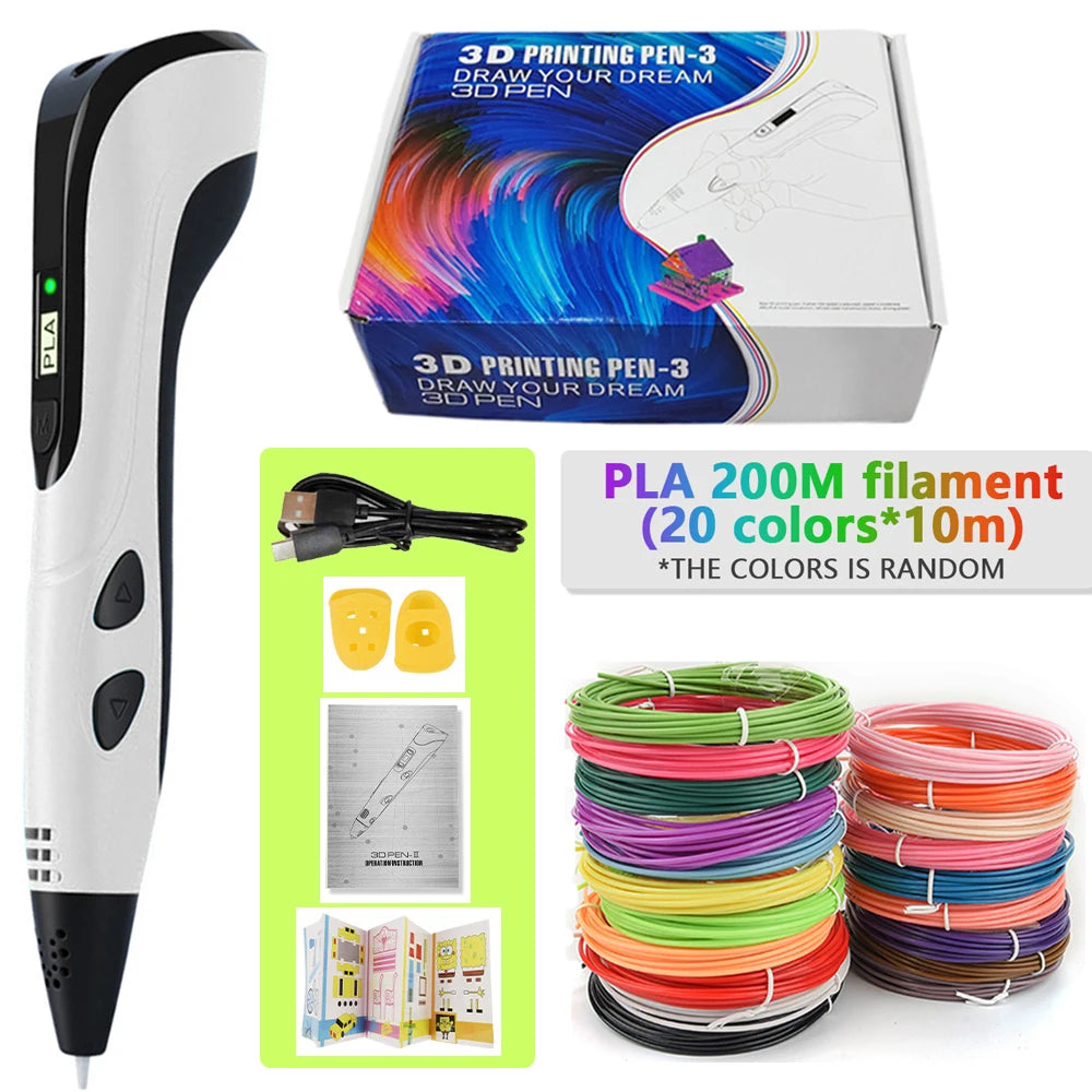 A white 3D printing pen with a black tip and various colored PLA filaments and accessories.