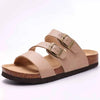 Tan suede cork mules with gold hardware and arch support