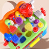 A colorful kids interactive toy drill set featuring various tools and a workbench for early childhood cognitive development.