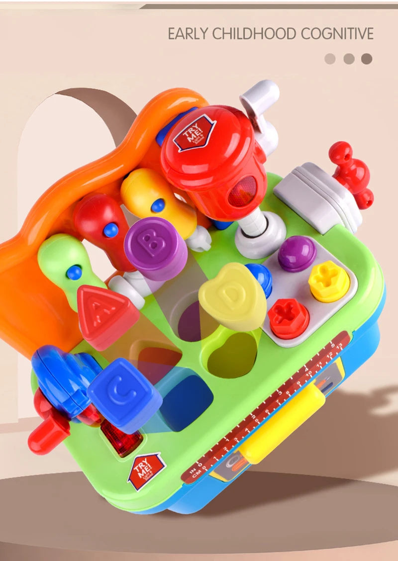 A colorful kids interactive toy drill set featuring various tools and a workbench for early childhood cognitive development.