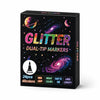 A box of Glitter dual-tip markers featuring 48 colors and brush tips, set against a dark background with space imagery.