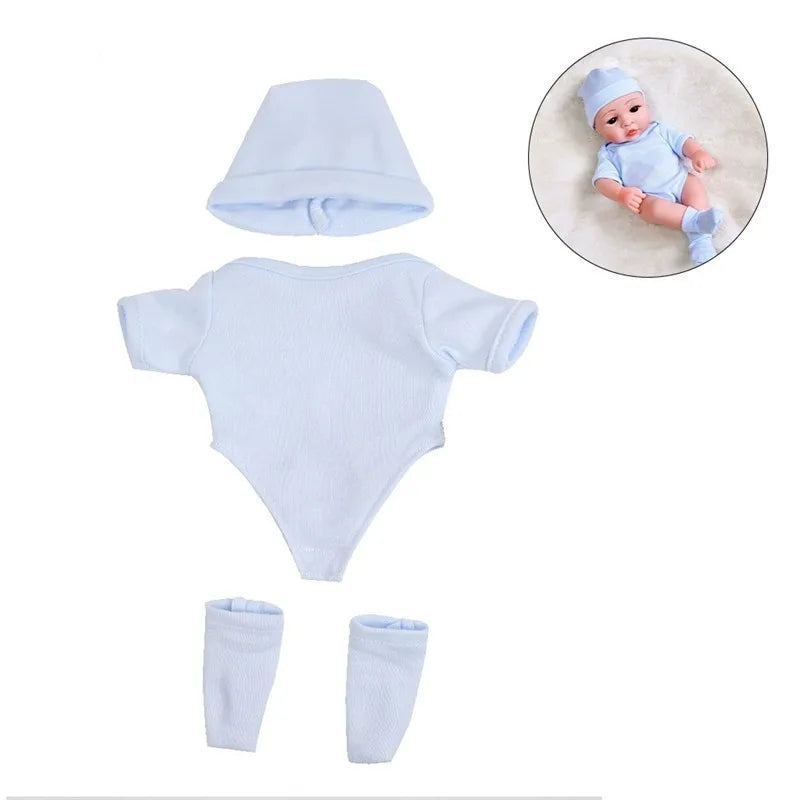 Light blue cozy winter romper outfit for a 12-inch reborn doll, including a matching hat and socks.