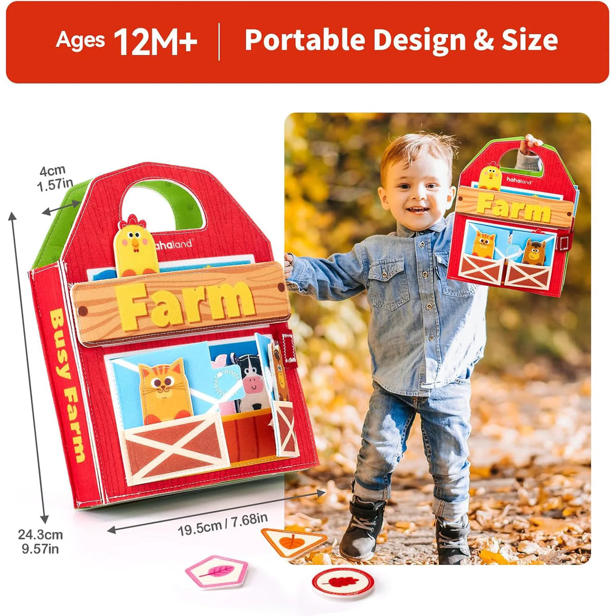 A red felt farm animal busy book for toddlers with a portable design shown next to a child.