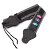 Black and gray adjustable guitar strap with three colored pick holders on the side