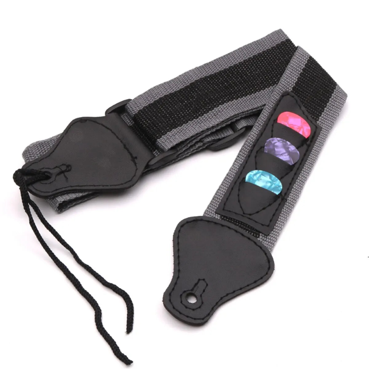 Black and gray adjustable guitar strap with three colored pick holders on the side