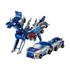 A blue and silver transforming dinosaur car set with magnetic connectors.
