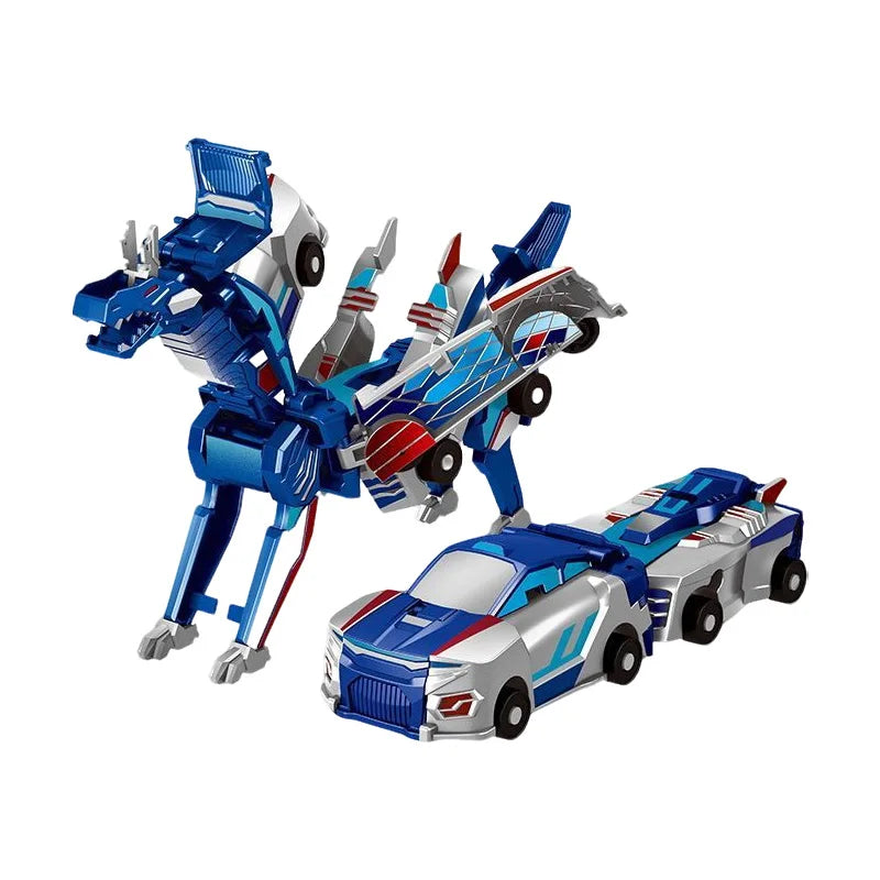 A blue and silver transforming dinosaur car set with magnetic connectors.