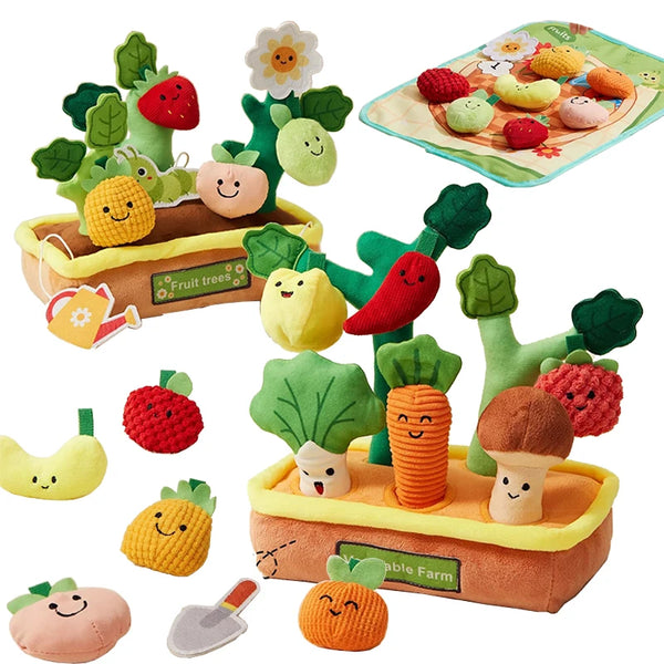 A set of plush toys featuring various fruits and vegetables like carrots, apples, and berries for toddlers.
