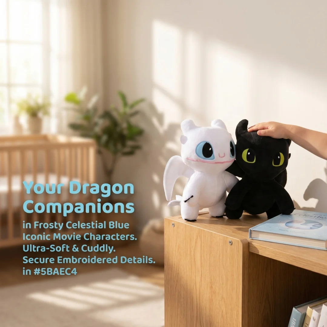 A white and black dragon plush companion featuring embroidered details resting on a wooden surface.