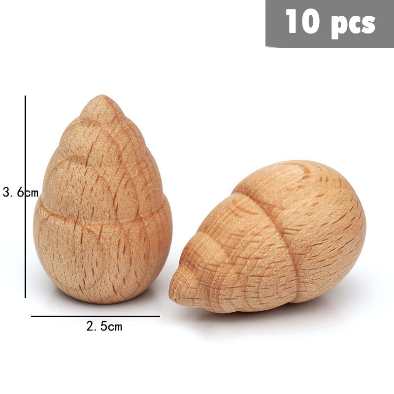 Ten natural wooden rainbow building blocks shaped like cones and spheres for creative play