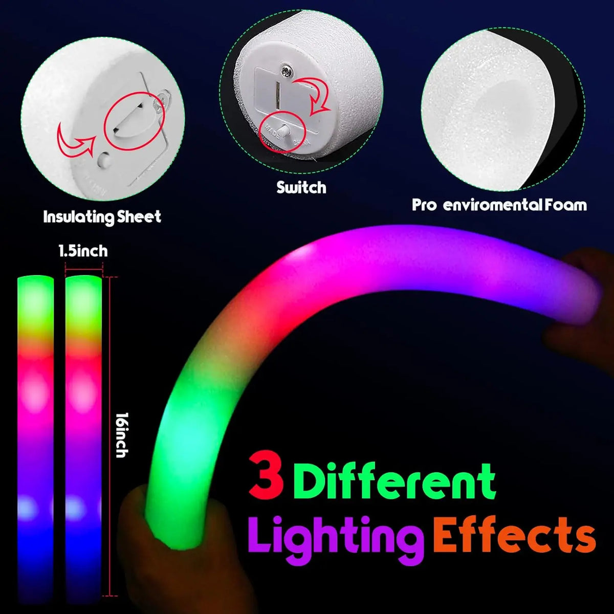 A glowing neon light bent into an arc, demonstrating three different lighting effects.