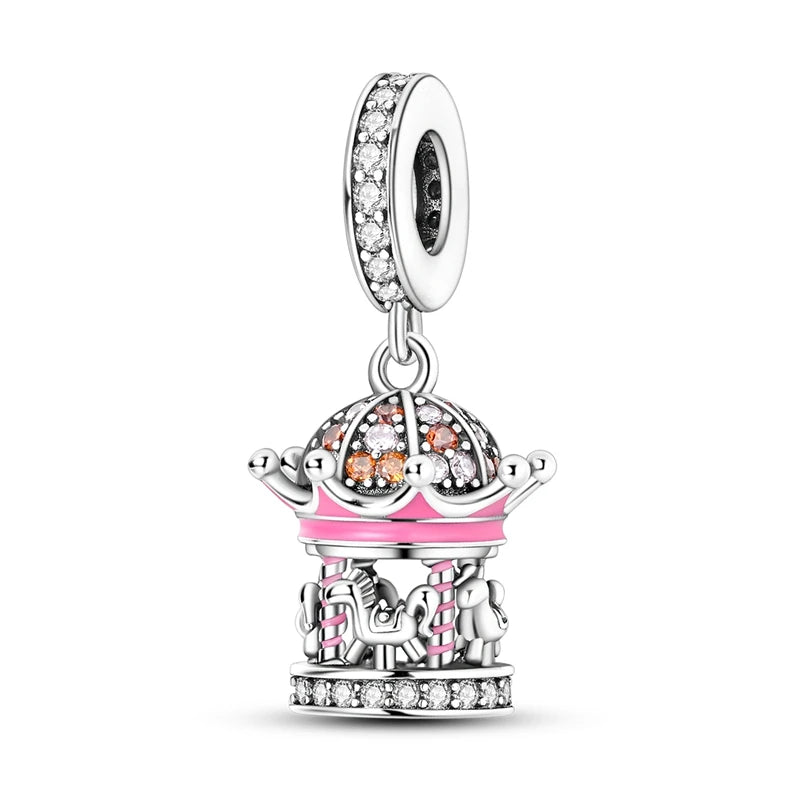 925 Sterling Silver Heart Charm Bead with Pink Zircon