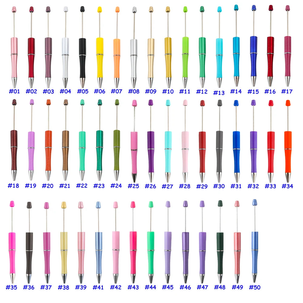 A collection of 35 colorful beadable ballpoint pens with black ink displayed vertically.