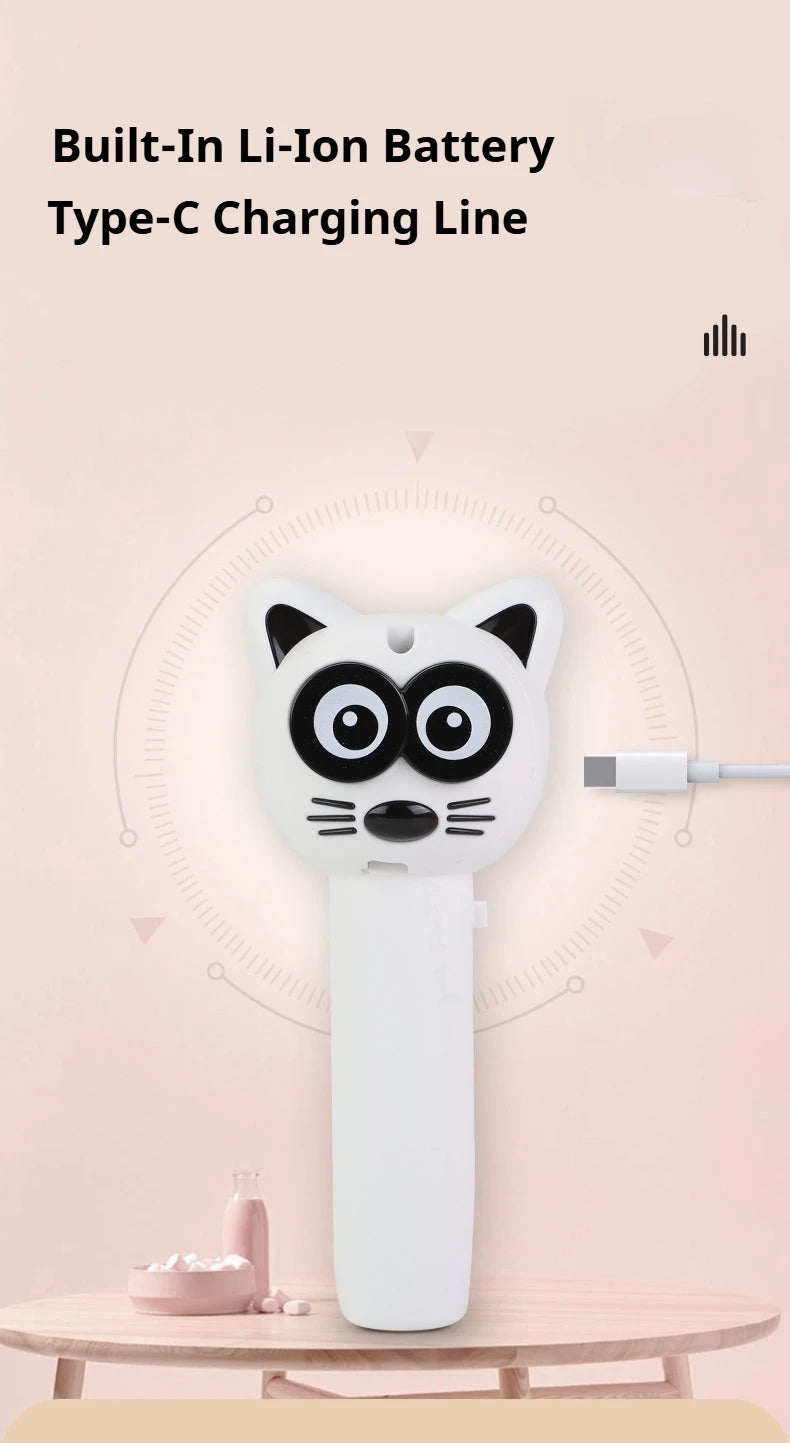 A white cat-shaped electronic toy with a built-in Li-Ion battery and Type-C charging line is shown on a wooden surface.