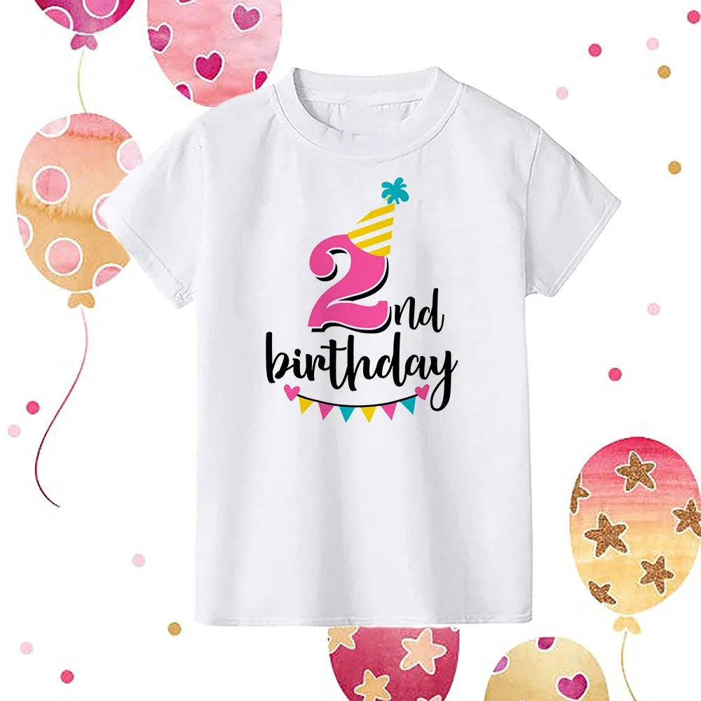 A white kids birthday number t-shirt featuring a pink striped party hat and the text 2nd birthday.