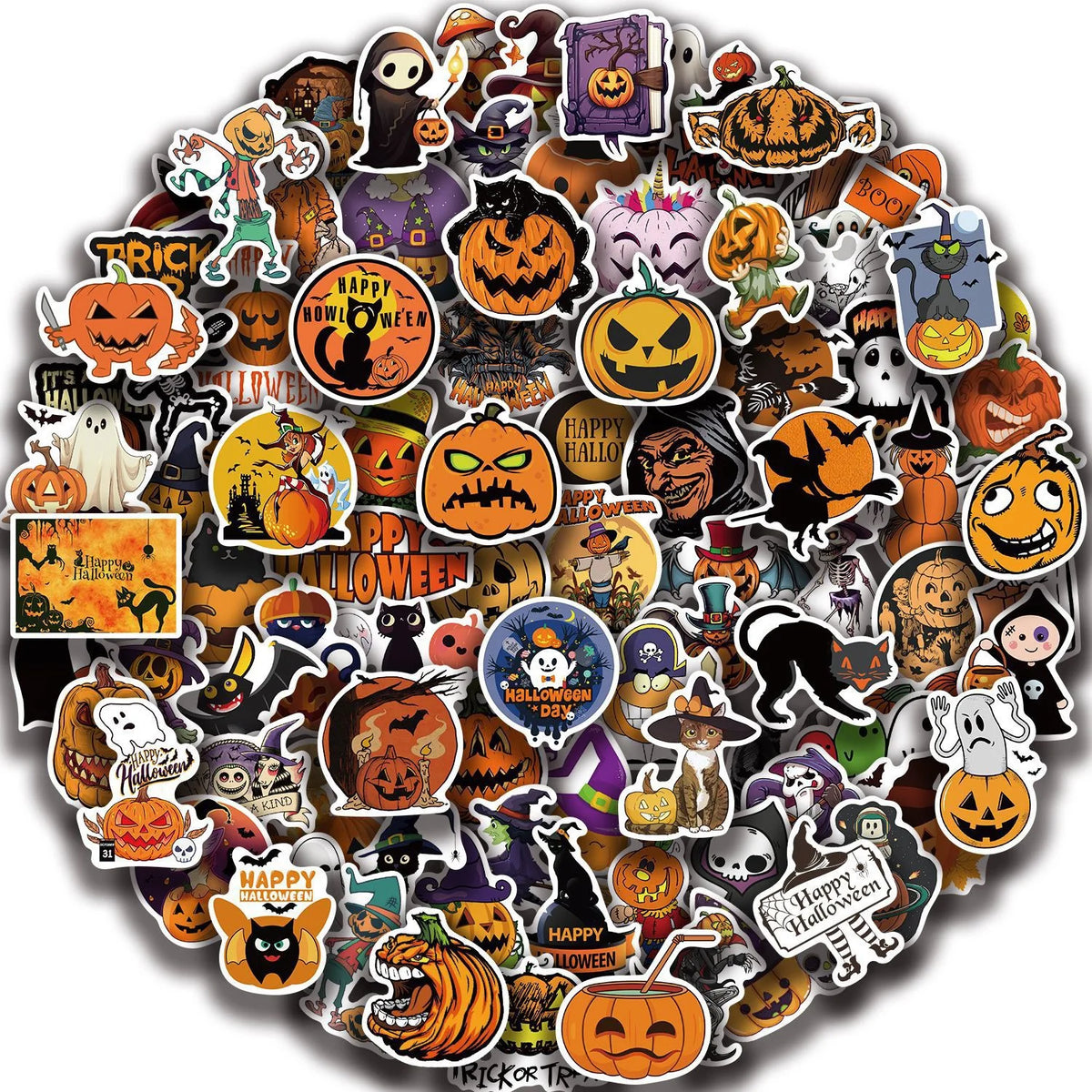 A circular arrangement of various Halloween-themed stickers featuring pumpkins, ghosts, witches, and spooky characters.