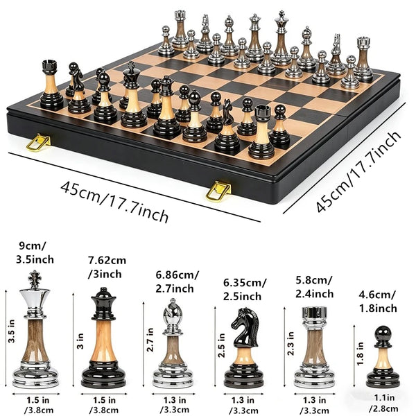 A black chessboard with a full set of chess pieces, including King, Queen, Rook, Bishop, Knight, and Pawn, made of solid wood