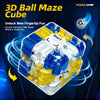 A white and yellow 3D ball maze cube puzzle game with blue components, shown from above.