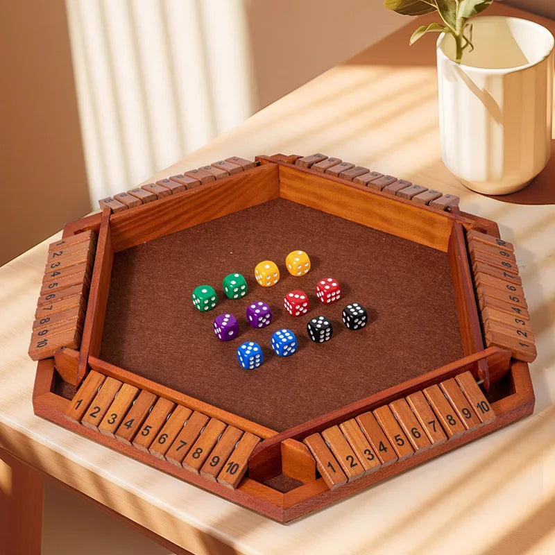 A wooden box game featuring a board and dice set for a classic shut the box game