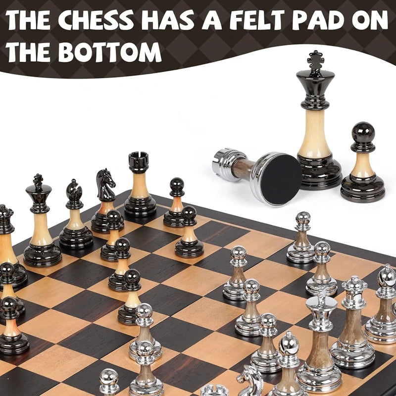A chess set featuring felt pads on the bottom, including a king and other pieces.