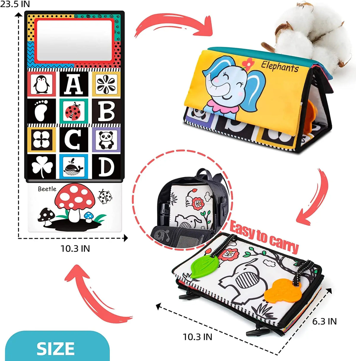 High-Contrast Tummy Time Baby Mirror with Crinkle Cloth Book and Teether